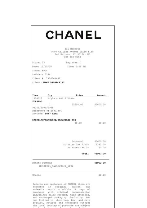 chanel receipt code.